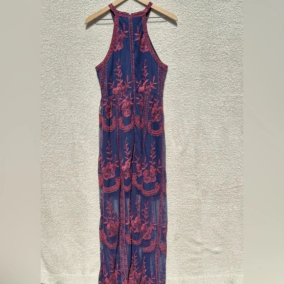 Altar’d State Navy Red Embroidered Maxi Dress Boho Floral Mesh Sleeveless Large - Picture 3 of 9